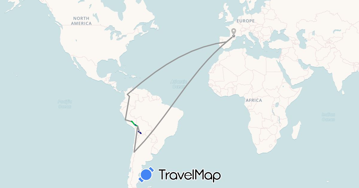 TravelMap itinerary: driving, bus, plane, hiking, boat in Bolivia, Chile, Colombia, Spain, France, Peru (Europe, South America)