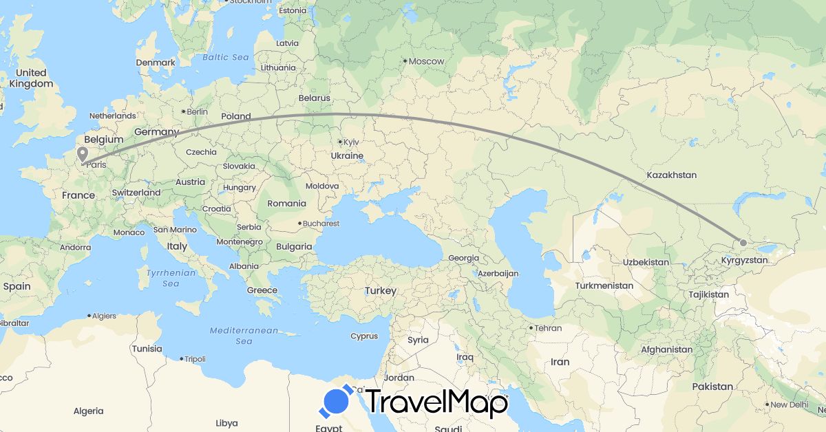 TravelMap itinerary: driving, plane in France, Kyrgyzstan (Asia, Europe)